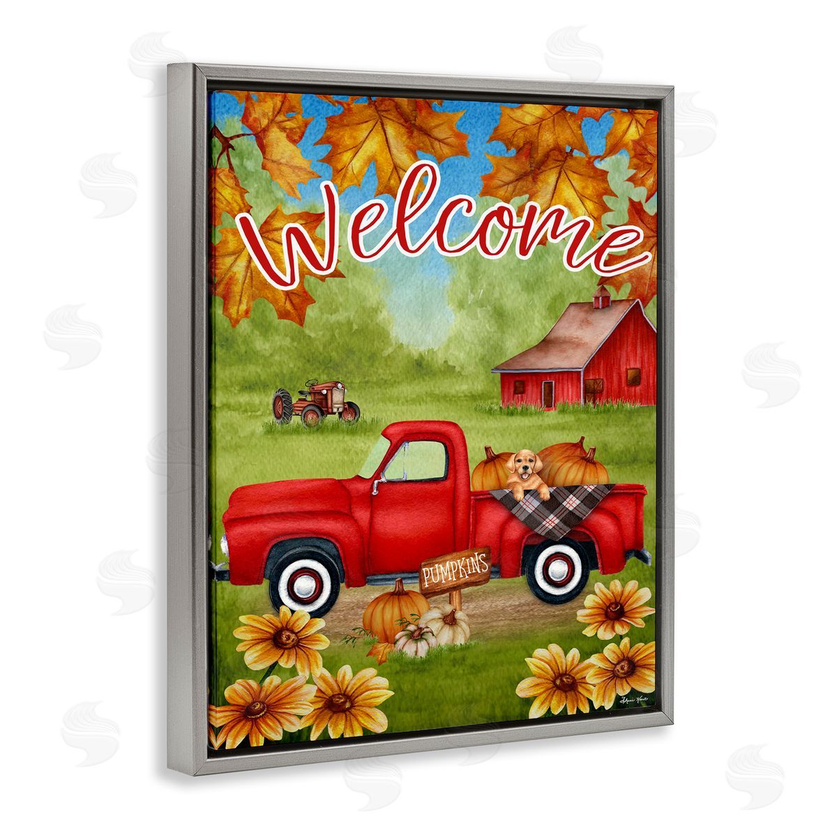 Sheri Hart Welcome Red Truck Autumn Leaves Gray Floater Frame Canvas Art