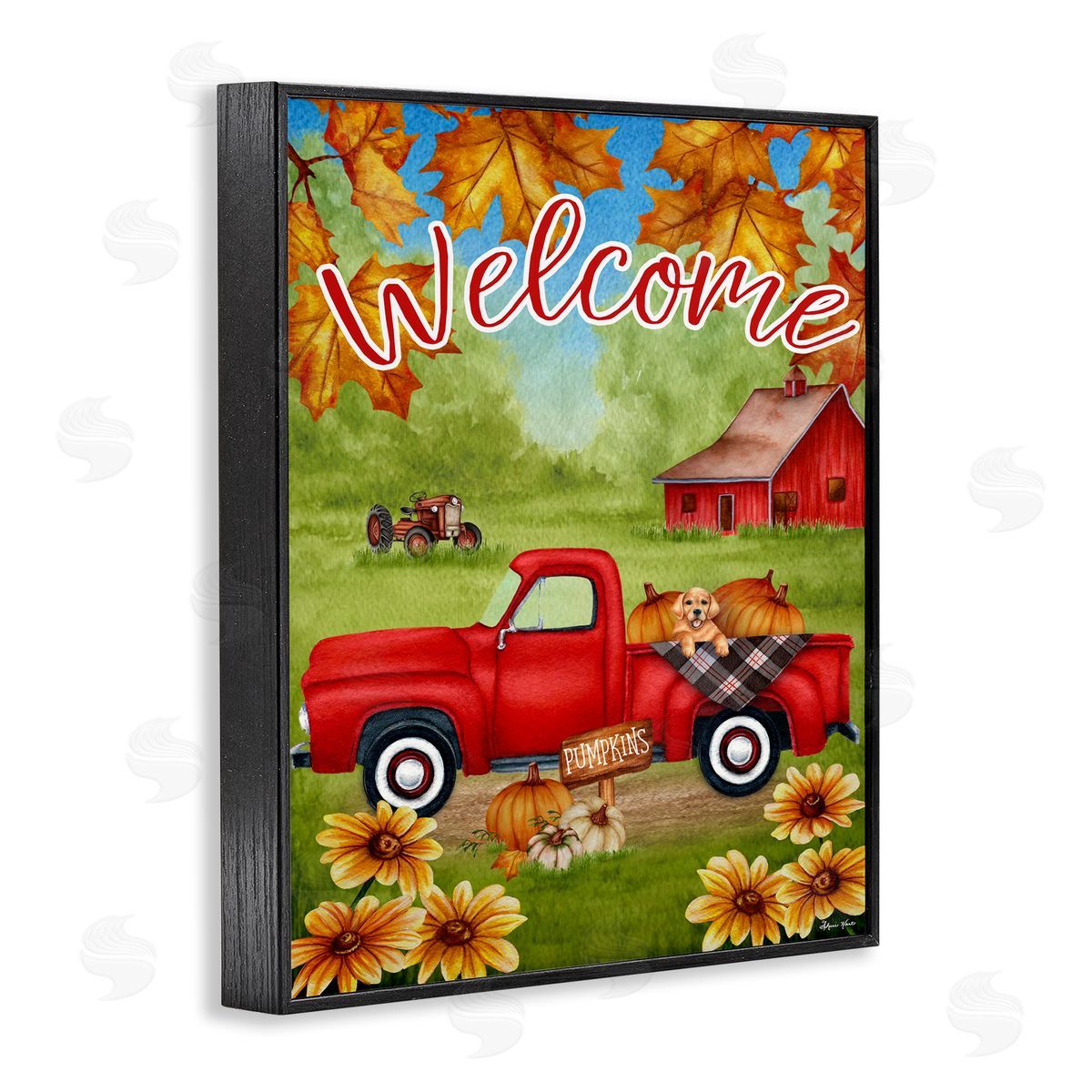 Sheri Hart Welcome Red Truck Autumn Leaves Black Framed Giclee Wall Art