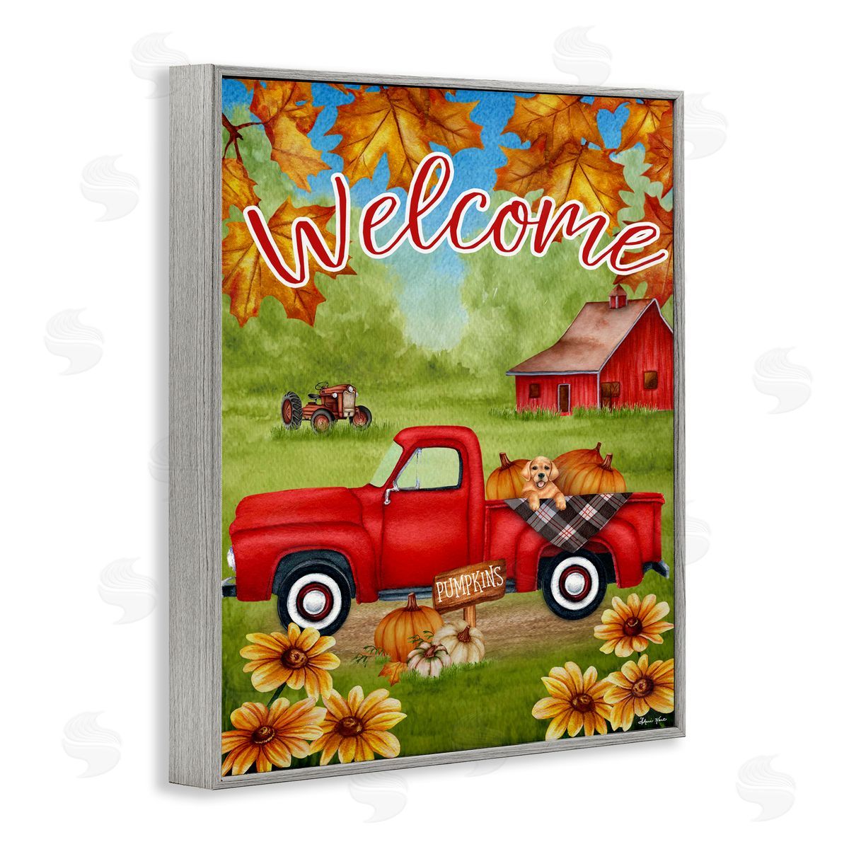 Sheri Hart Welcome Red Truck Autumn Leaves Gray Framed Giclee Wall Art