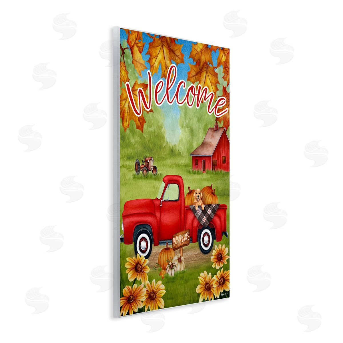 Sheri Hart Welcome Red Truck Autumn Leaves Wall Plaque Art