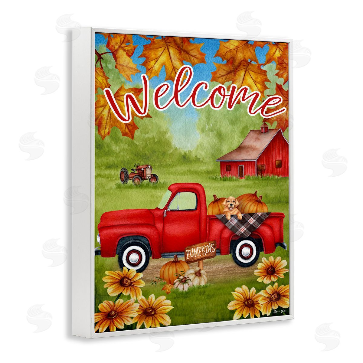 Sheri Hart Welcome Red Truck Autumn Leaves White Framed Giclee Wall Art