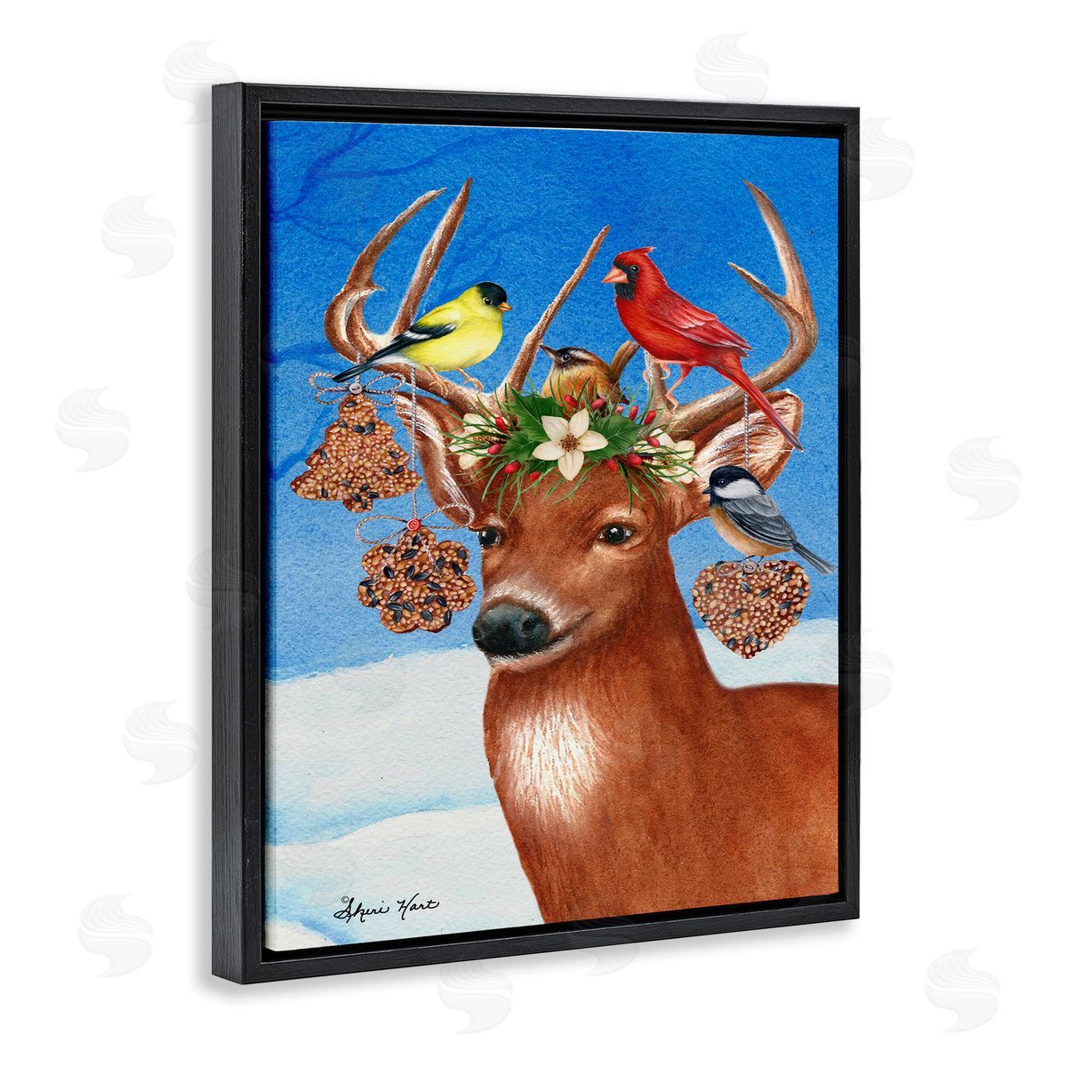 Sheri Hart Reindeer Antler Ornaments with Birds Black Floater Frame Canvas Art