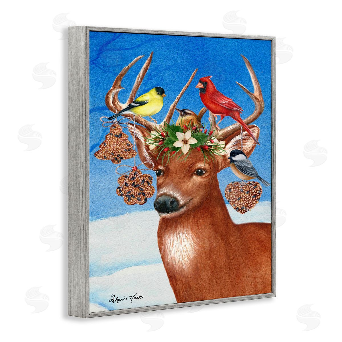 Sheri Hart Reindeer Antler Ornaments with Birds Gray Framed Giclee Wall Art