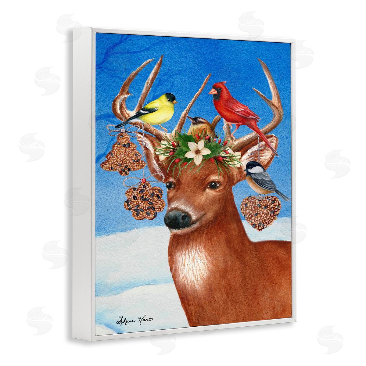 Sheri Hart Reindeer Antler Ornaments with Birds White Framed Giclee Wall Art