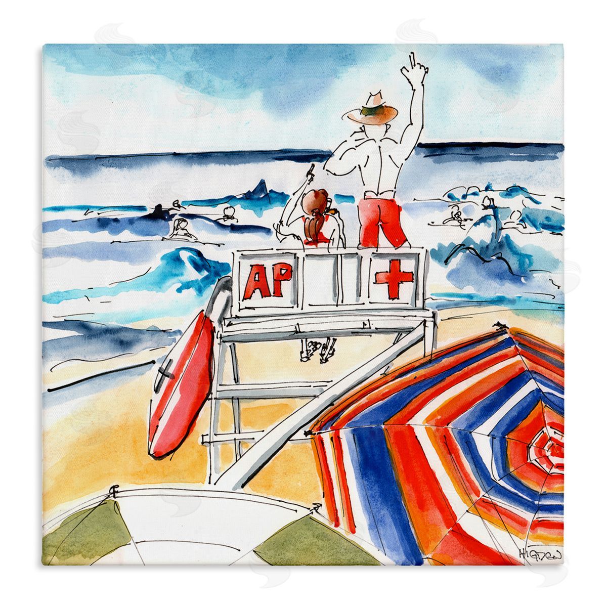 Mark Higden Beach Lifeguard Chair Watercolor Canvas Wall Art