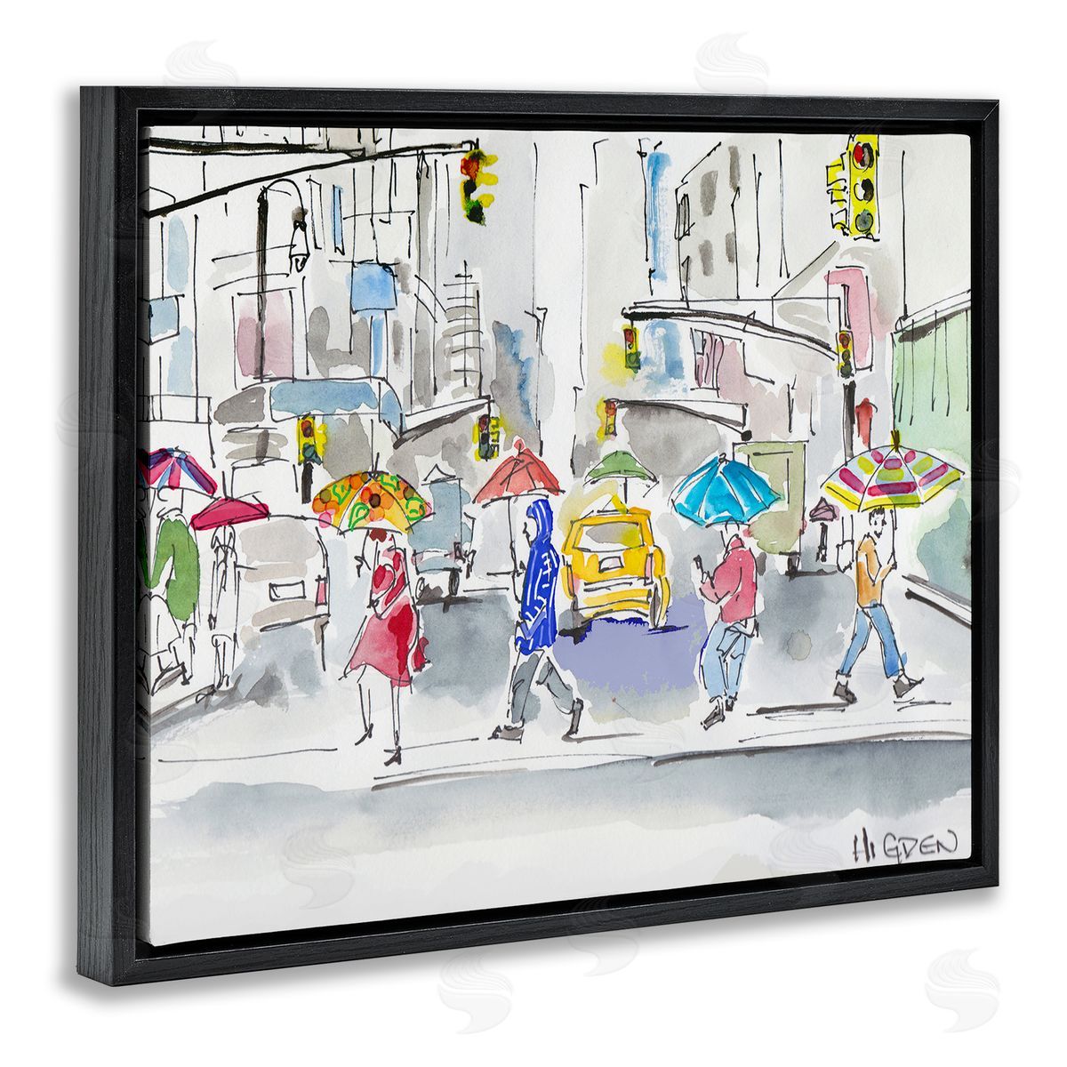 Mark Higden Rainy Crosswalk Urban City People Black Floater Frame Canvas Art