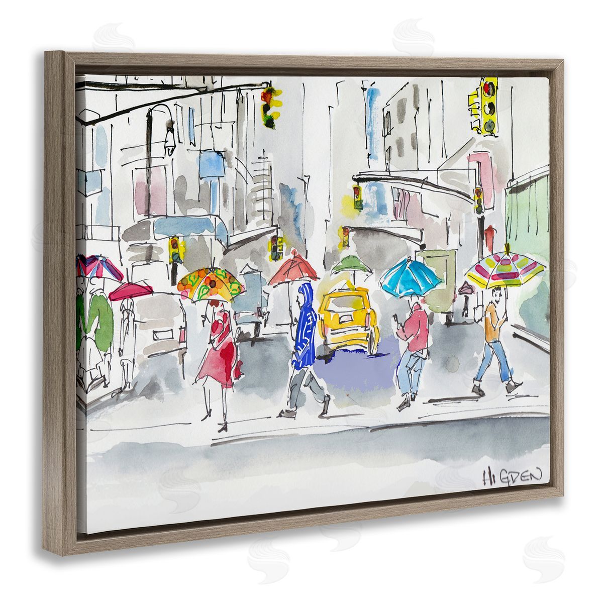 Mark Higden Rainy Crosswalk Urban City People Brown Floater Frame Canvas Art