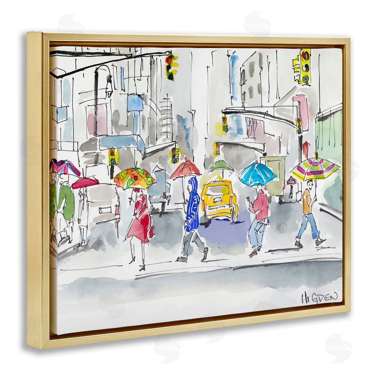 Mark Higden Rainy Crosswalk Urban City People Gold Floater Frame Canvas Art