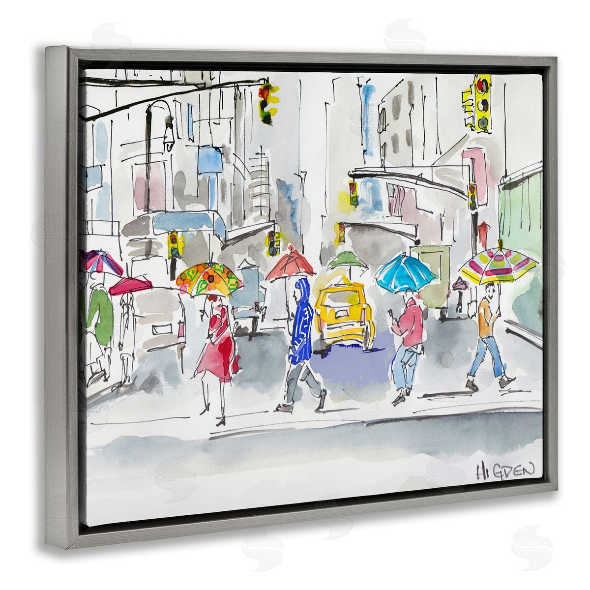 Mark Higden Rainy Crosswalk Urban City People Gray Floater Frame Canvas Art