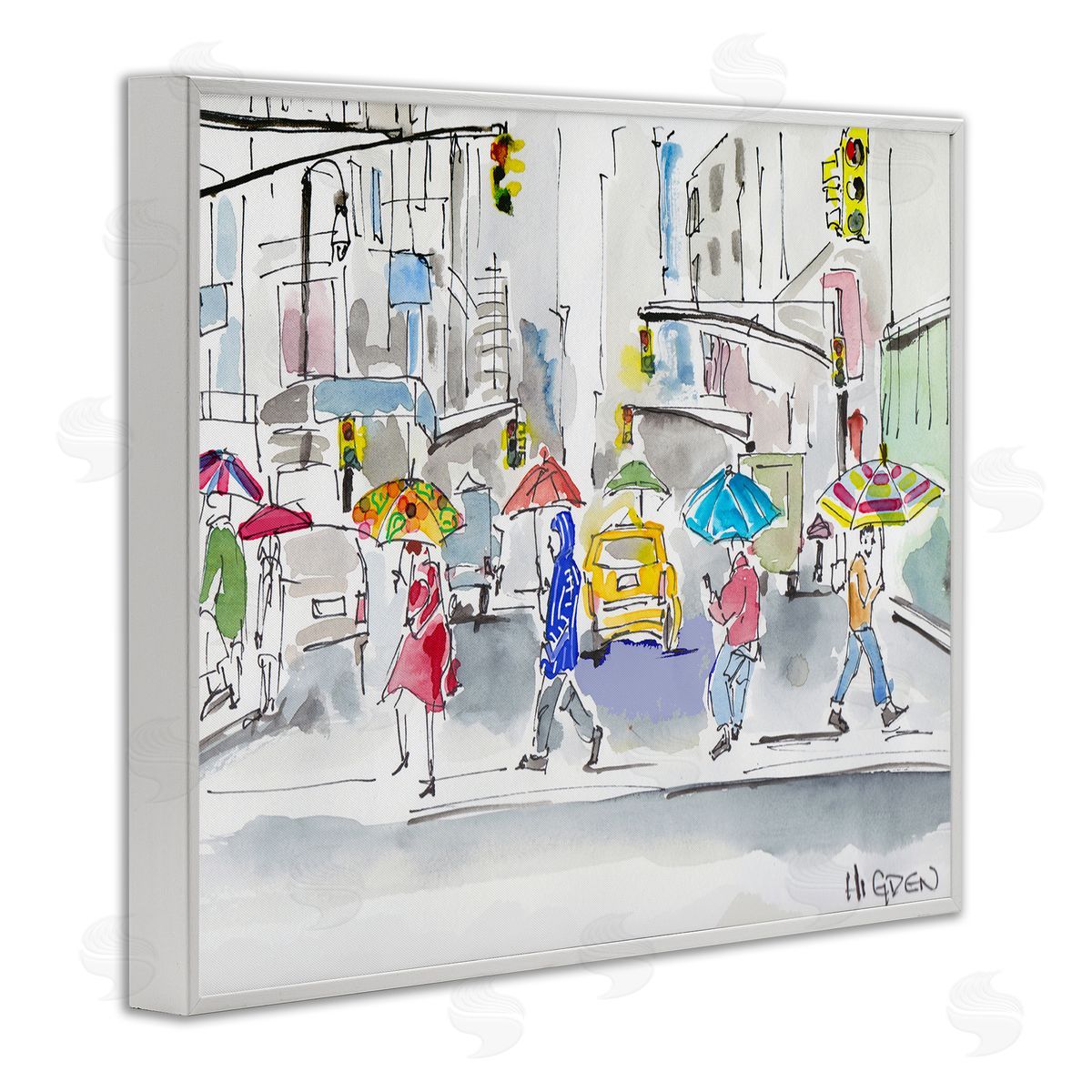 Mark Higden Rainy Crosswalk Urban City People White Framed Giclee Wall Art