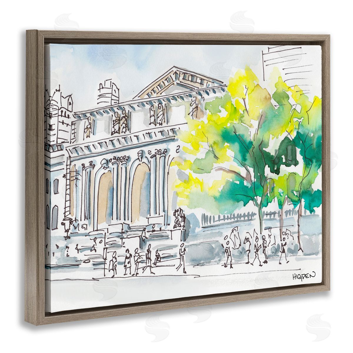 Mark Higden Classic City Architecture Watercolor Landscape Brown Floater Frame Canvas Art