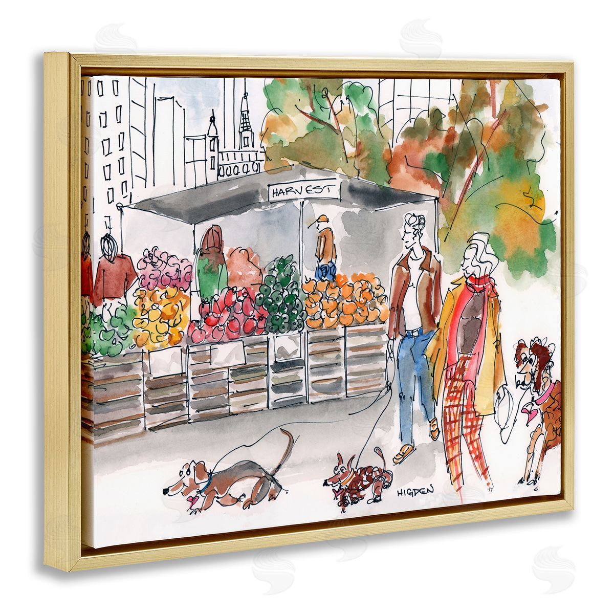 Mark Higden Farmers Market City Dog Walkers Gold Floater Frame Canvas Art