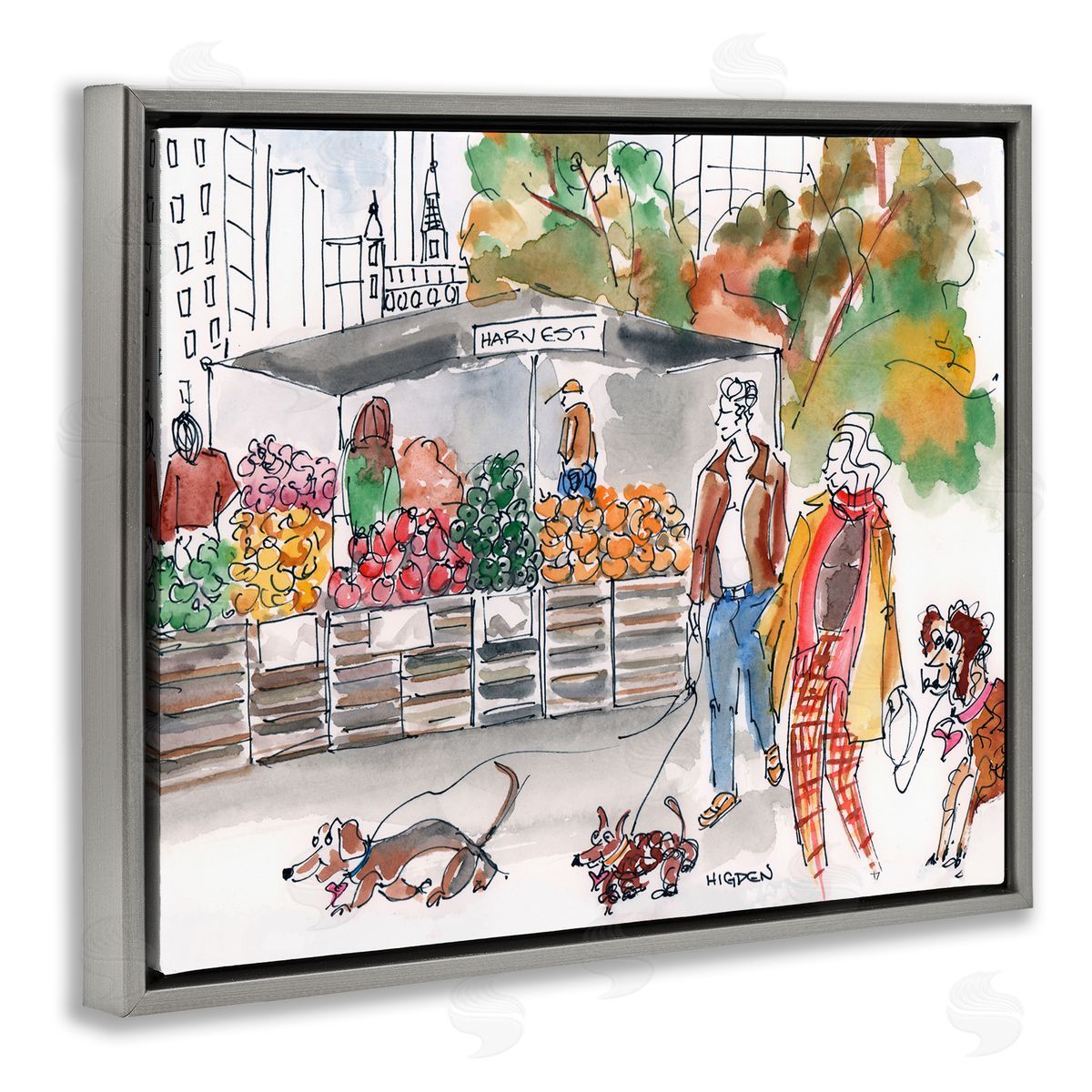 Mark Higden Farmers Market City Dog Walkers Gray Floater Frame Canvas Art