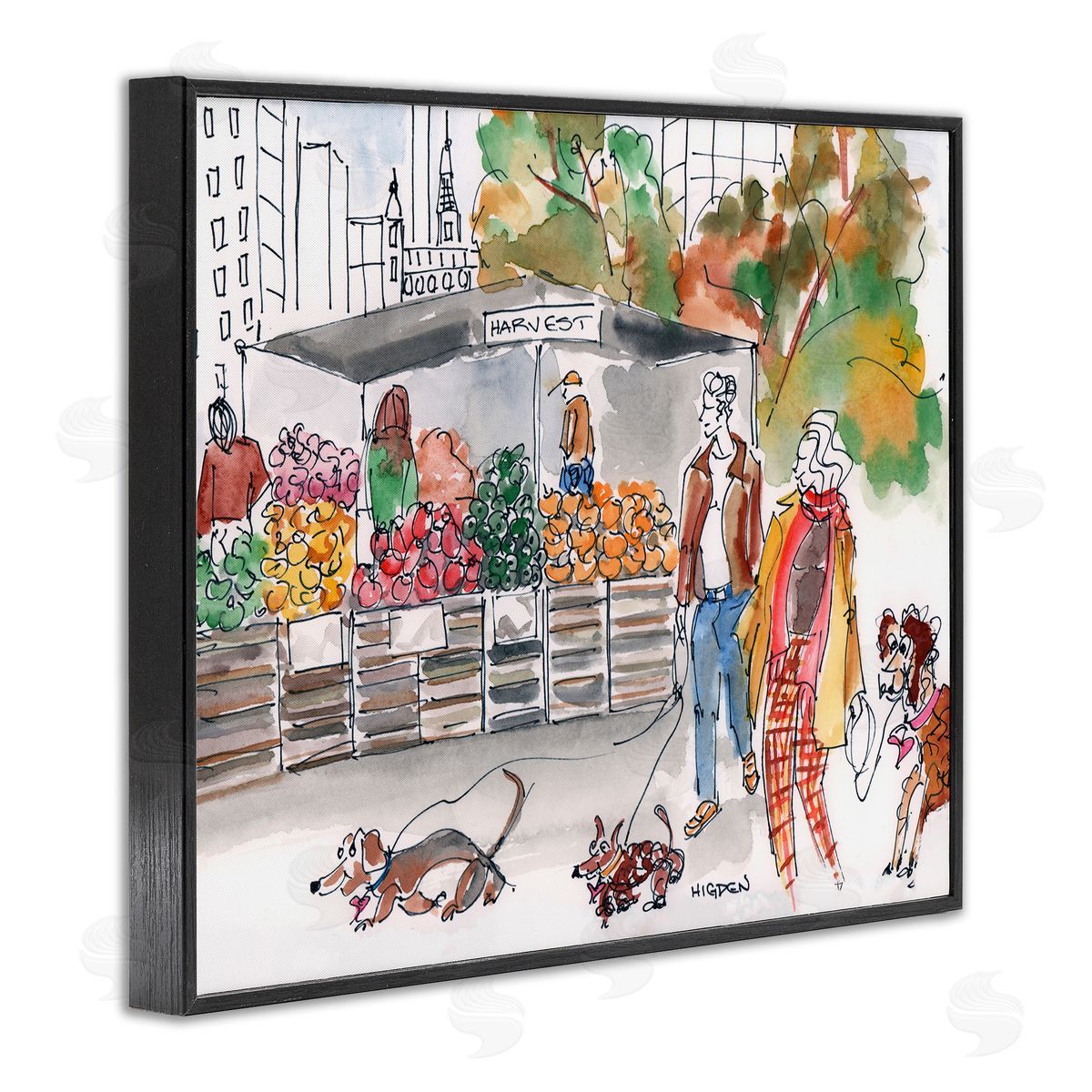 Mark Higden Farmers Market City Dog Walkers Black Framed Giclee Wall Art