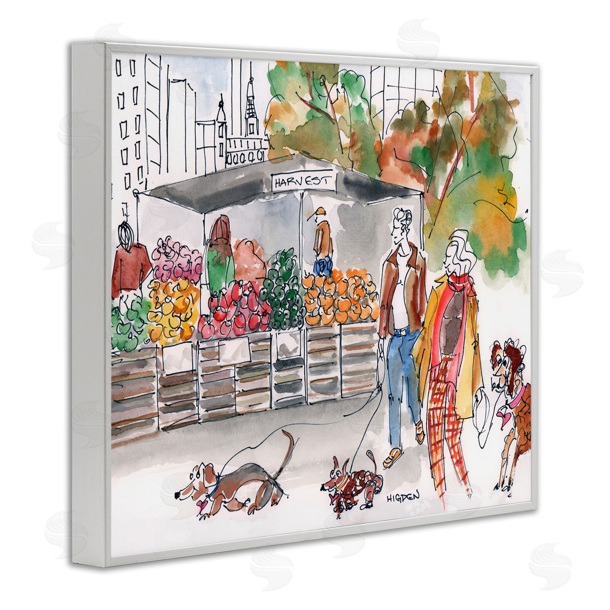 Mark Higden Farmers Market City Dog Walkers White Framed Giclee Wall Art