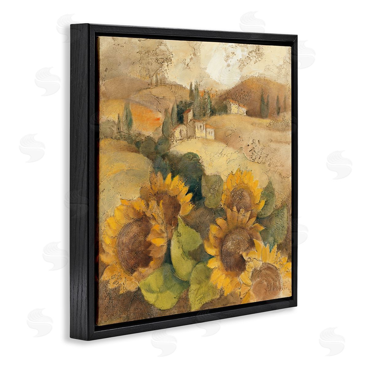 Albena Hristova Soft Vintage Tuscan Sunflowers  Black Floater Frame Canvas Art