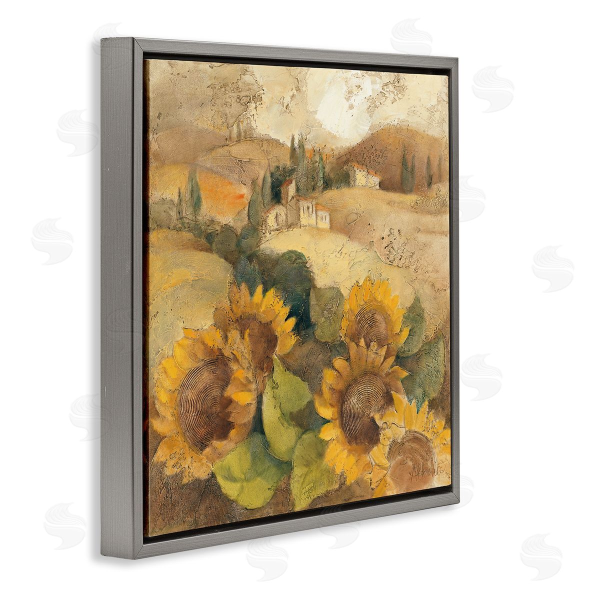 Albena Hristova Soft Vintage Tuscan Sunflowers  Gray Floater Frame Canvas Art