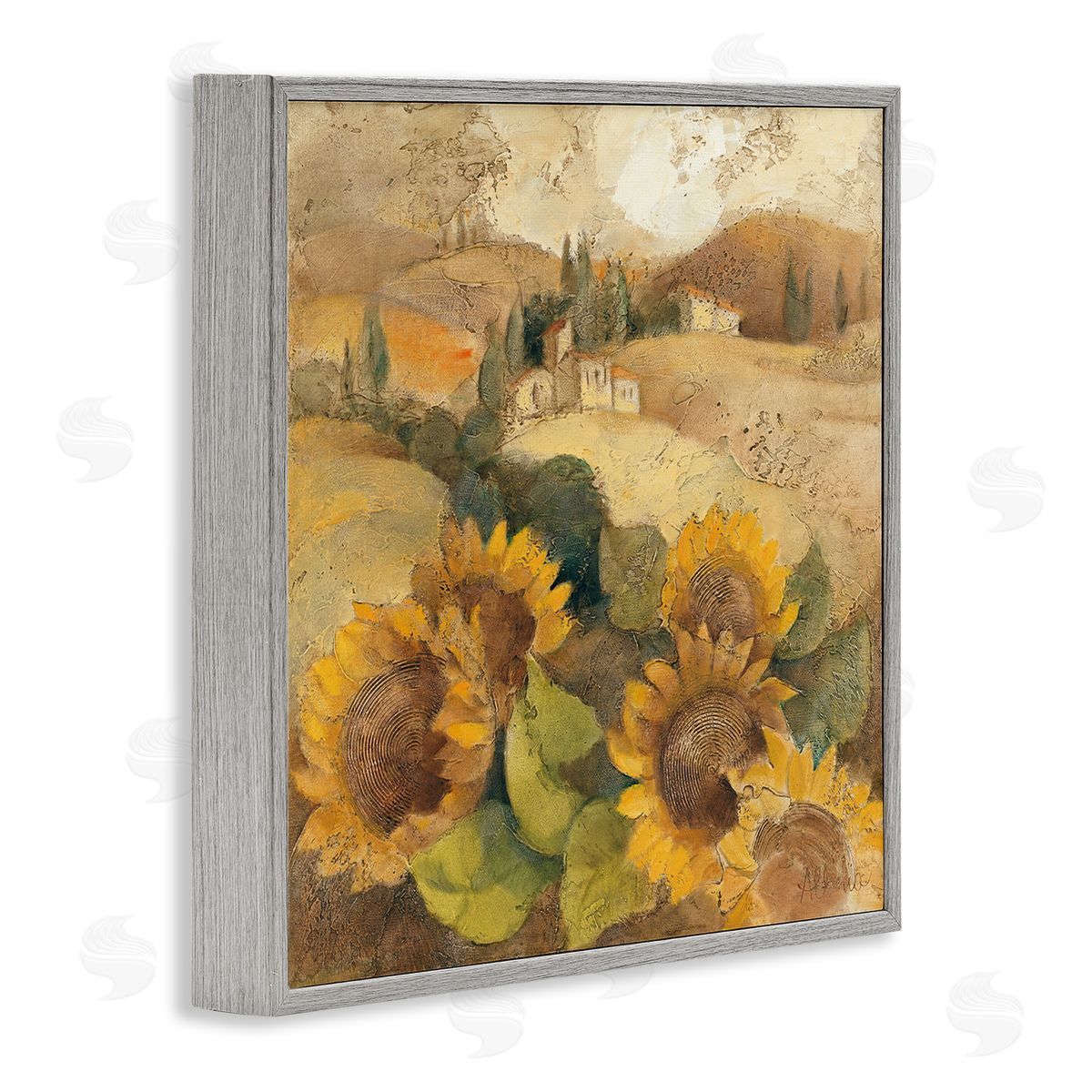 Albena Hristova Soft Vintage Tuscan Sunflowers  Gray Framed Giclee Wall Art
