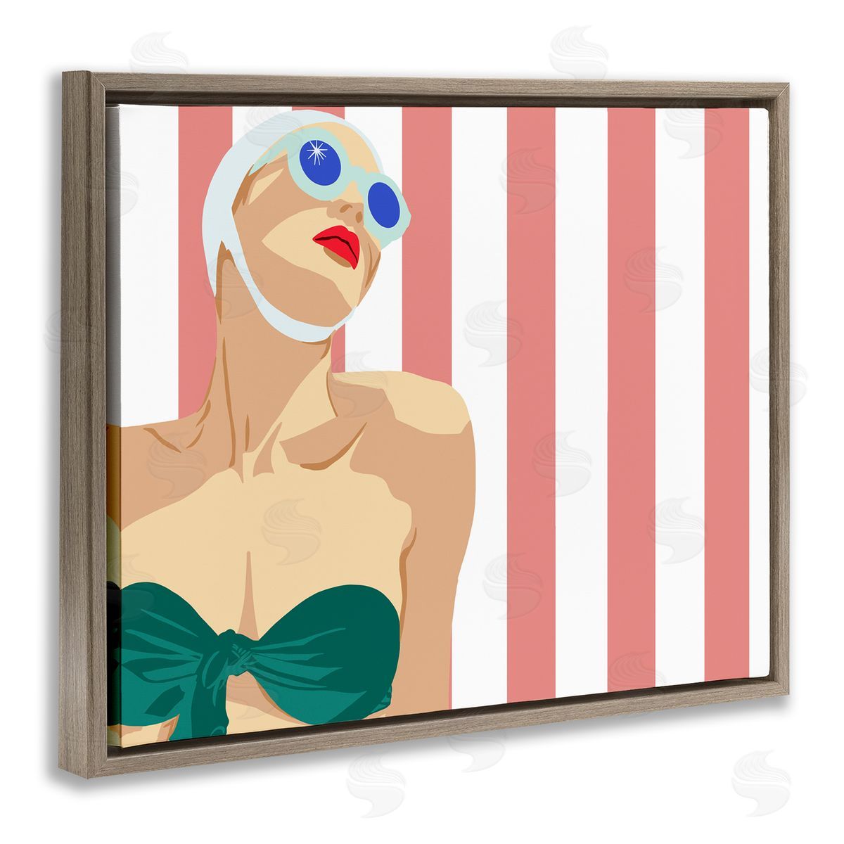 Jen Bucheli Pop Female Swimsuit Red Stripes Brown Floater Frame Canvas Art