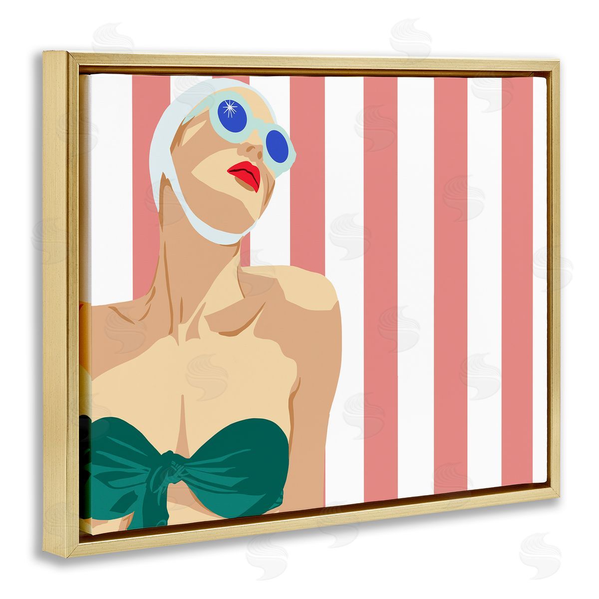 Jen Bucheli Pop Female Swimsuit Red Stripes Gold Floater Frame Canvas Art