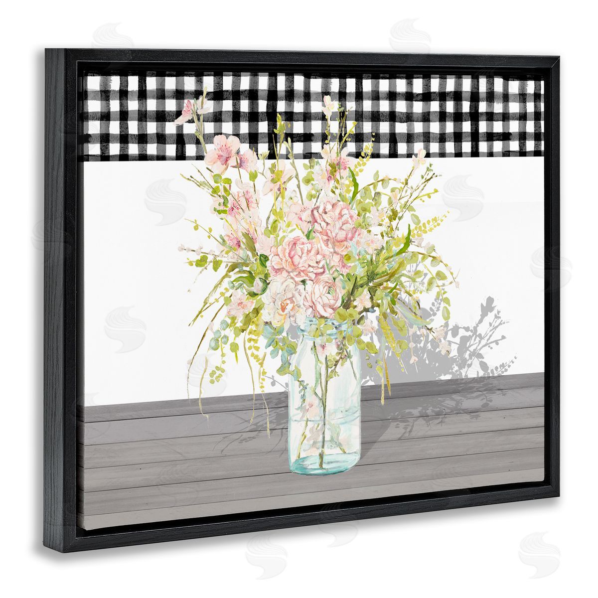 Patricia Pinto Pink Rose Bouquet Gingham Plaid Black Floater Frame Canvas Art