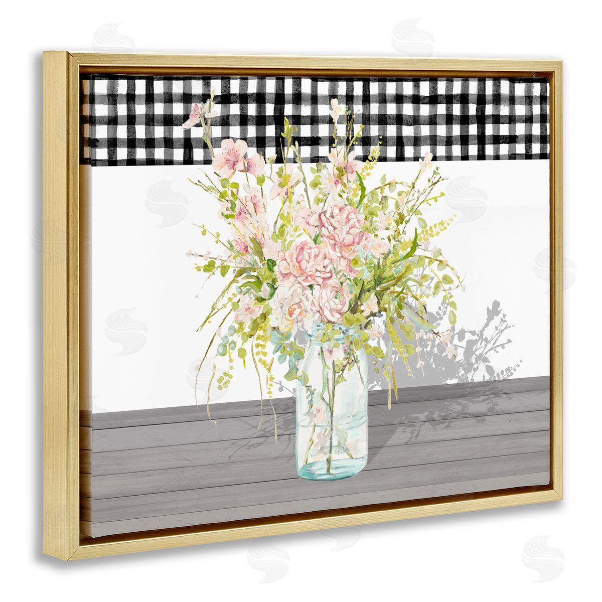 Patricia Pinto Pink Rose Bouquet Gingham Plaid Gold Floater Frame Canvas Art