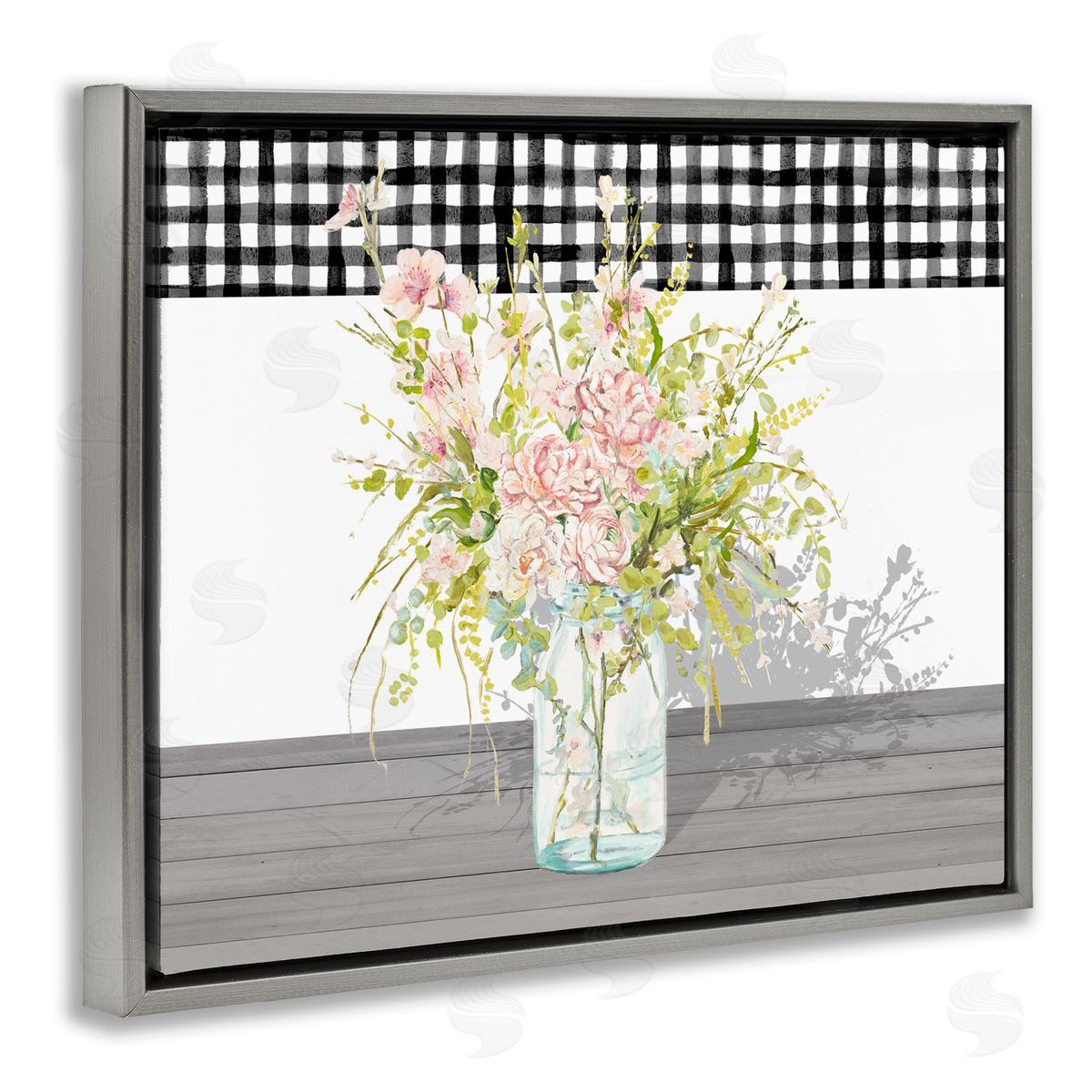Patricia Pinto Pink Rose Bouquet Gingham Plaid Gray Floater Frame Canvas Art