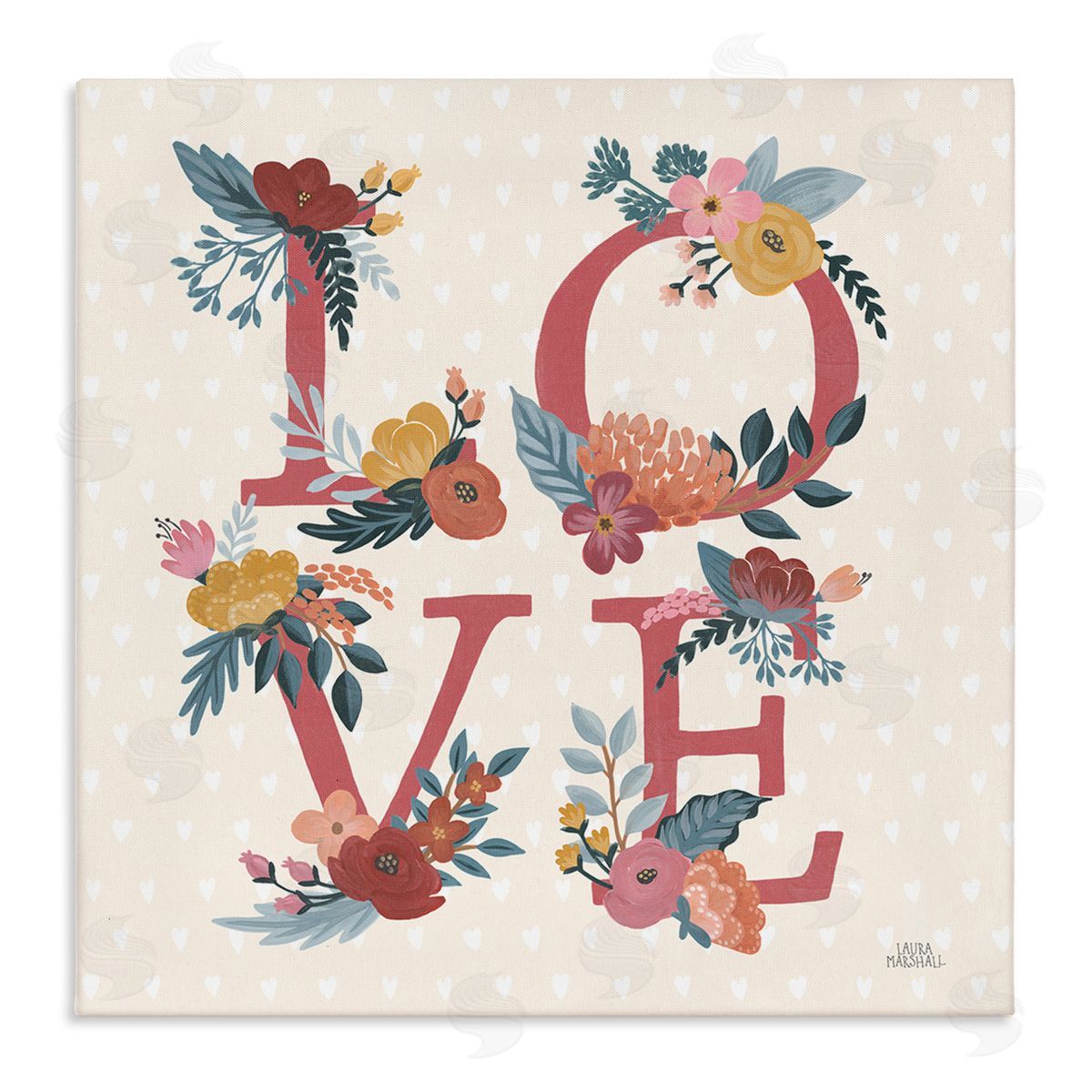 Laura Marshall Love Text Floral Heart Pattern Canvas Wall Art