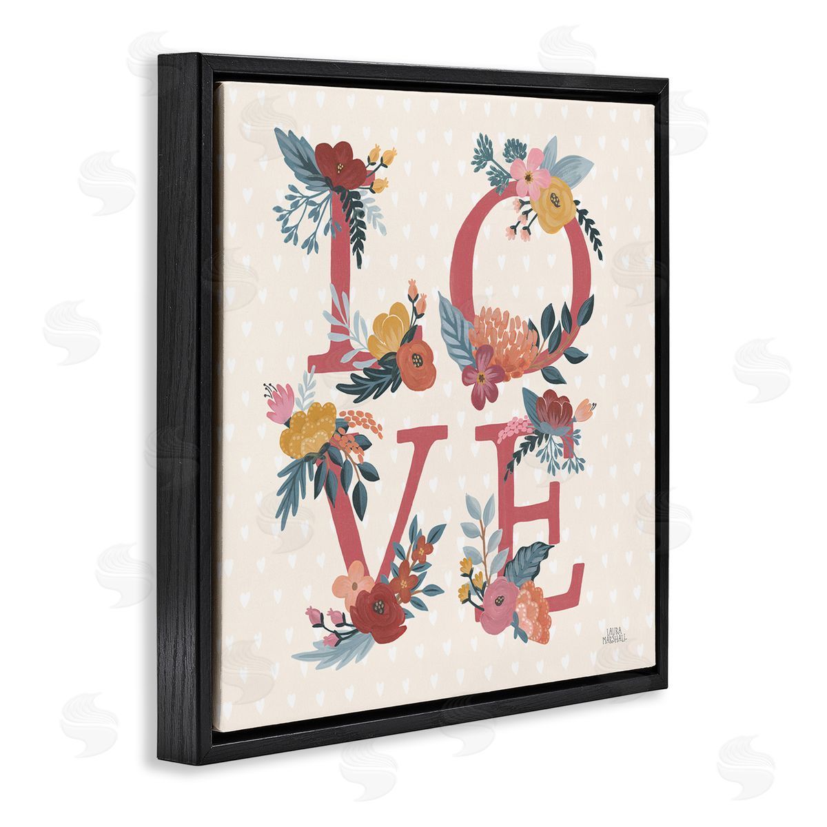 Laura Marshall Love Text Floral Heart Pattern Black Floater Frame Canvas Art