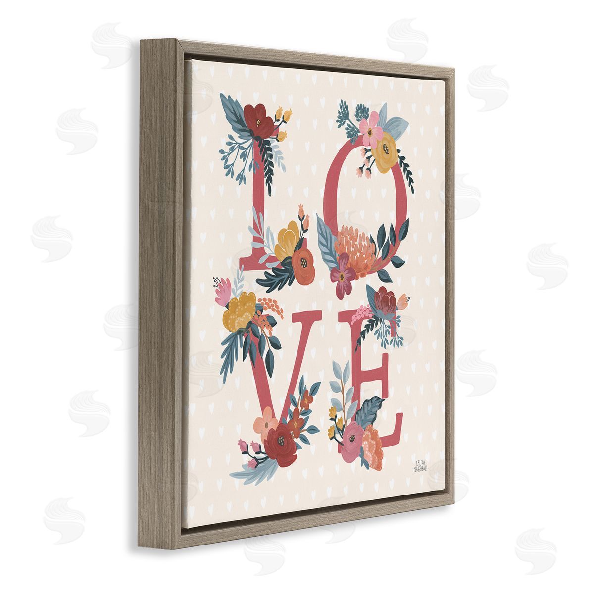 Laura Marshall Love Text Floral Heart Pattern Brown Floater Frame Canvas Art