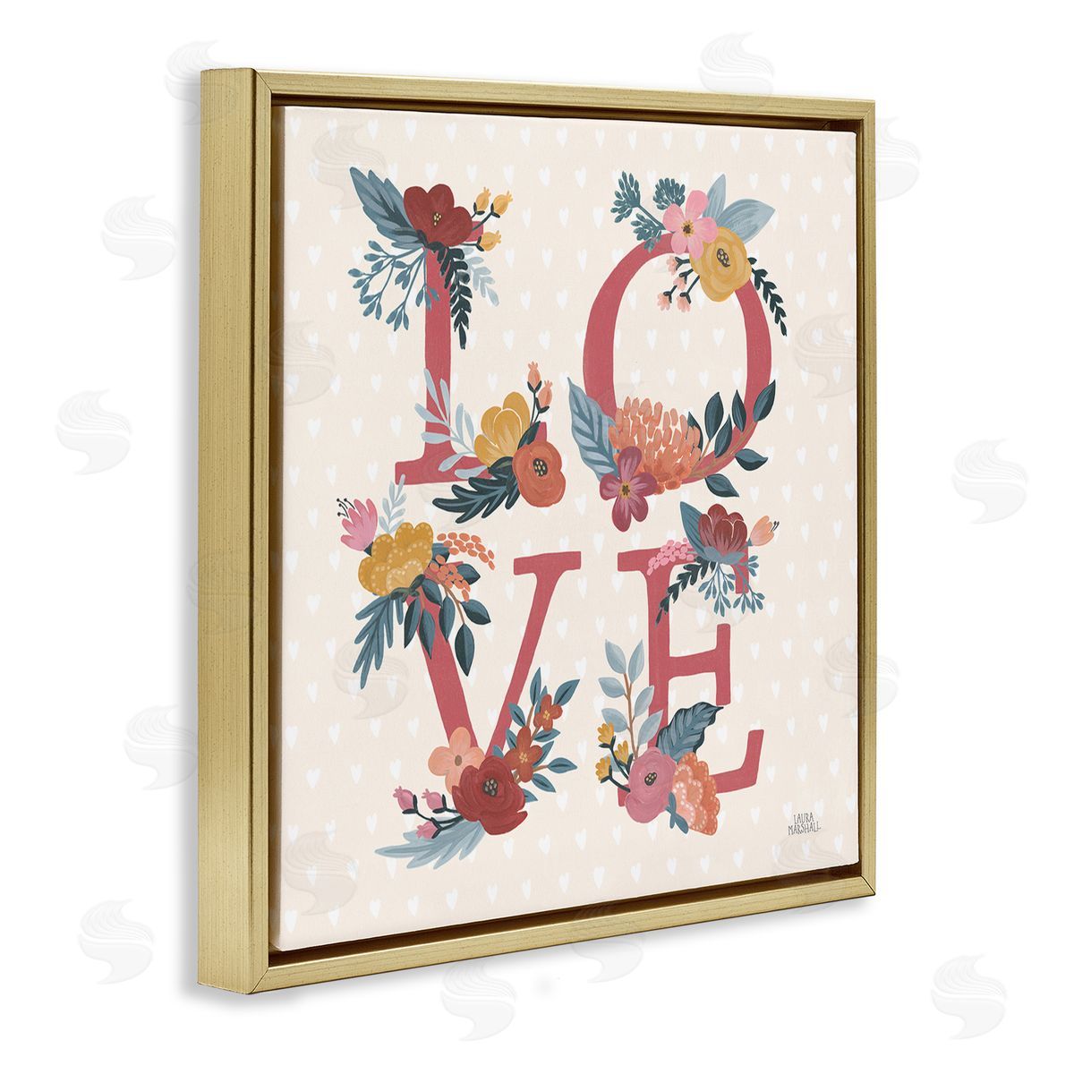 Laura Marshall Love Text Floral Heart Pattern Gold Floater Frame Canvas Art