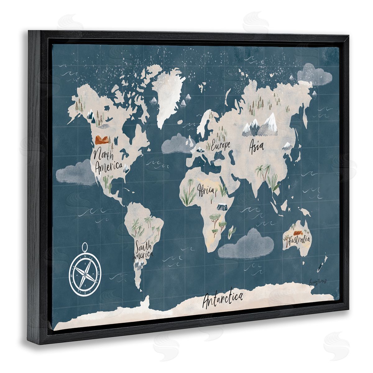 Becky Thorns World Map Nautical Cloud Details Black Floater Frame Canvas Art