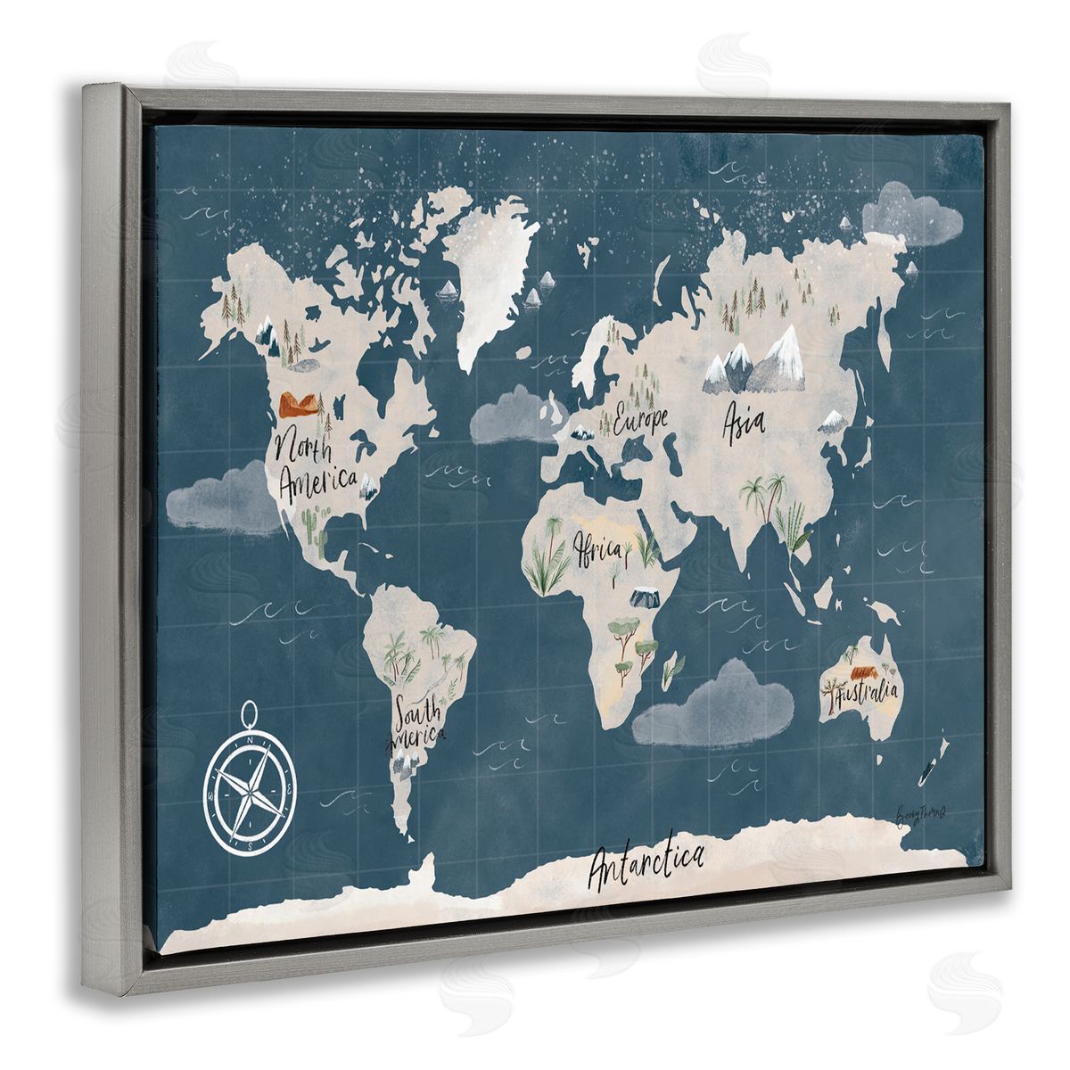 Becky Thorns World Map Nautical Cloud Details Gray Floater Frame Canvas Art
