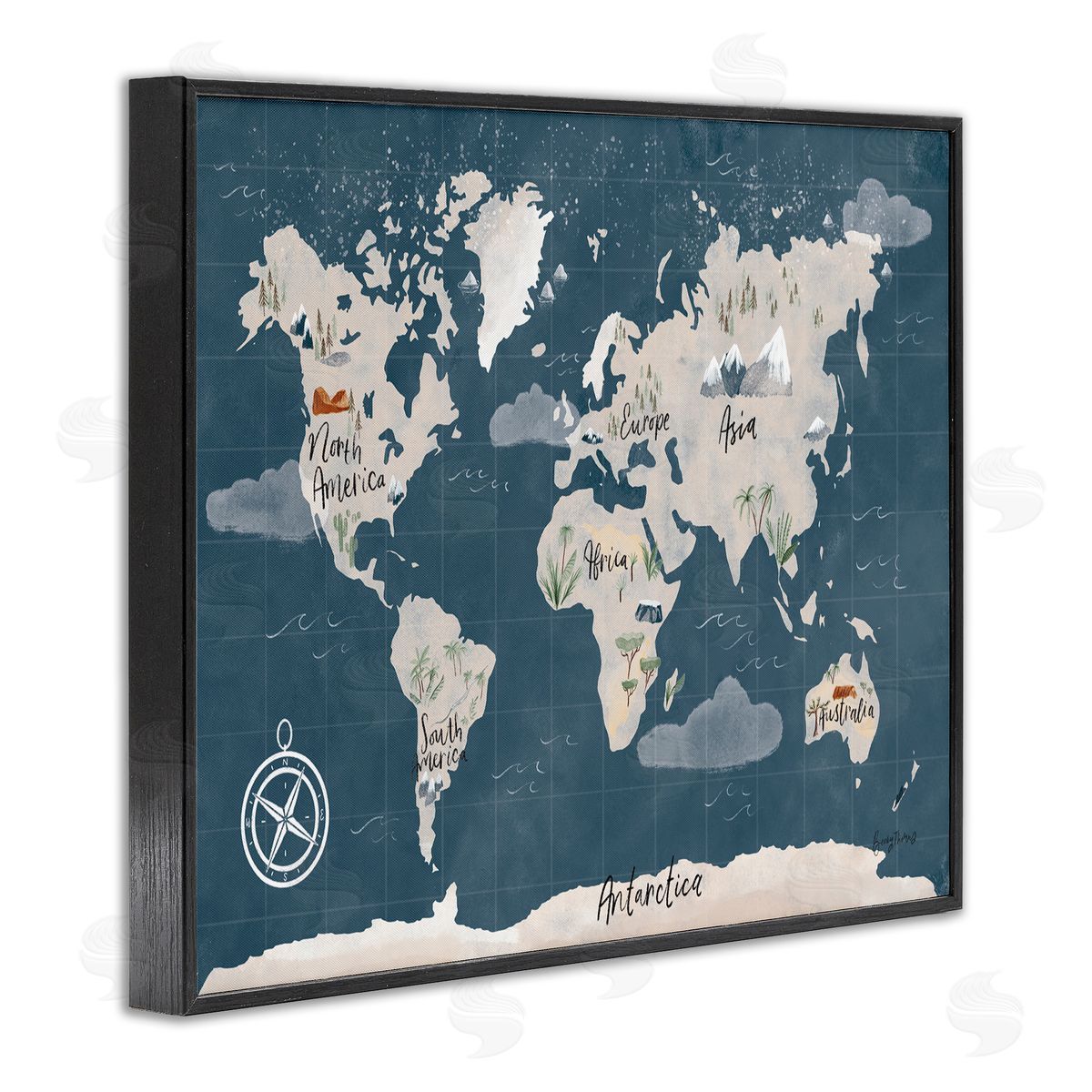 Becky Thorns World Map Nautical Cloud Details Black Framed Giclee Wall Art