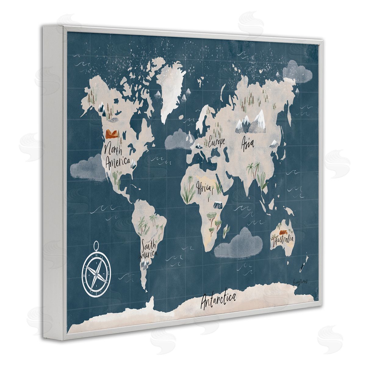 Becky Thorns World Map Nautical Cloud Details White Framed Giclee Wall Art