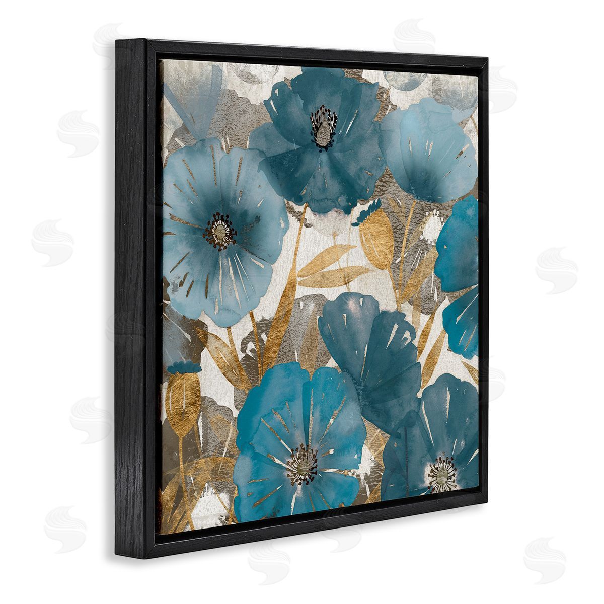 Elegant Blue Florals Abstract Black Floating Frame Canvas Wall Art, Home Decor by Studio W