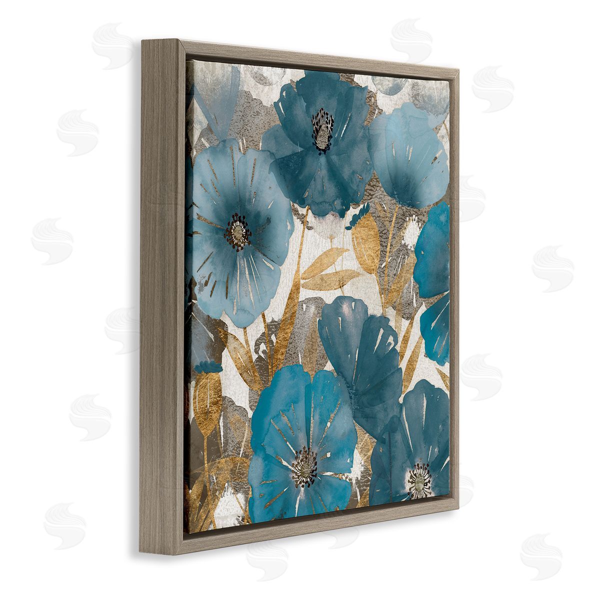 Elegant Blue Florals Abstract Brown Floating Frame Canvas Wall Art, Home Decor by Studio W