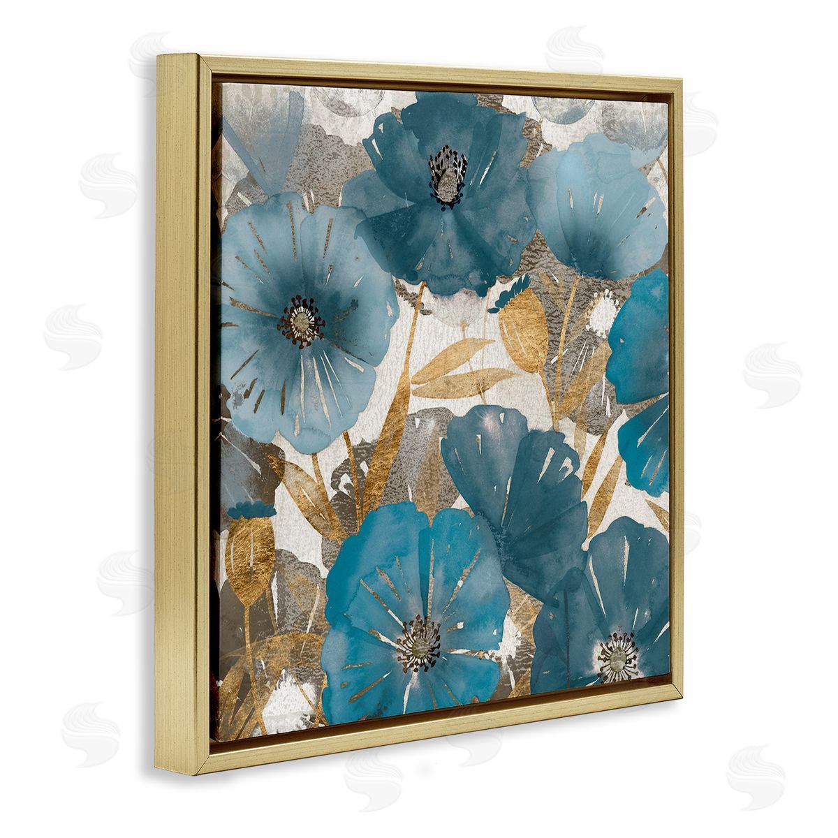 Elegant Blue Florals Abstract Gold Floating Frame Canvas Wall Art, Home Decor by Studio W