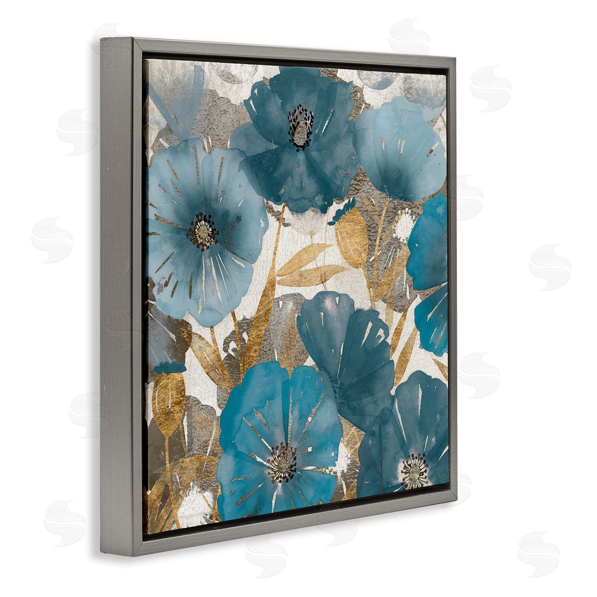 Elegant Blue Florals Abstract Grey Floating Frame Canvas Wall Art, Home Decor by Studio W