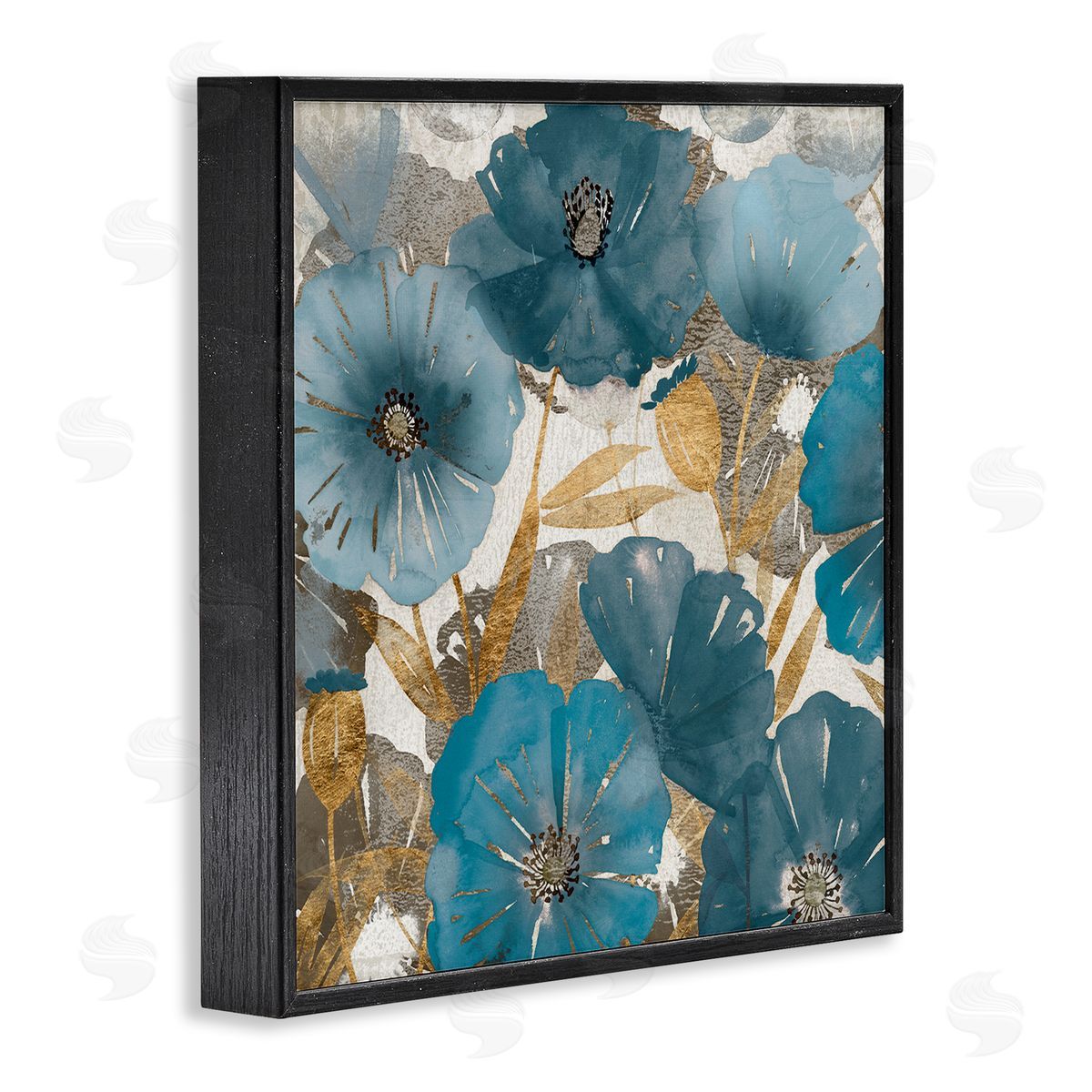Elegant Blue Florals Abstract Black Frame Print Wall Art, Home Decor by Studio W