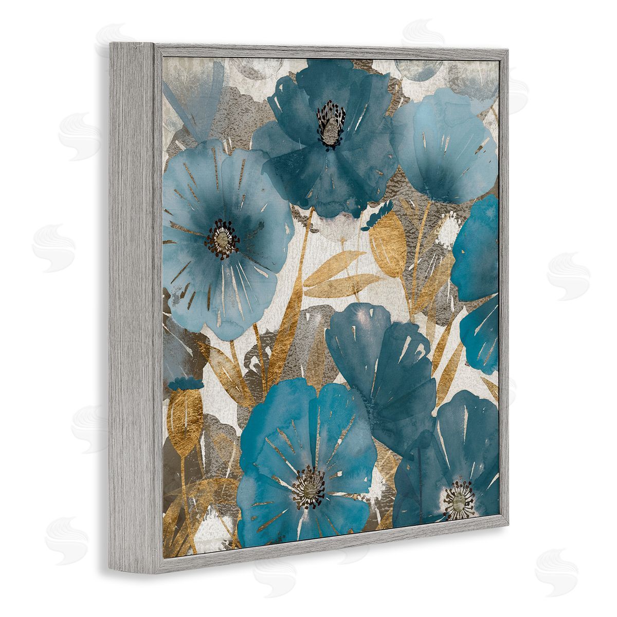 Elegant Blue Florals Abstract Grey Frame Print Wall Art, Home Decor by Studio W