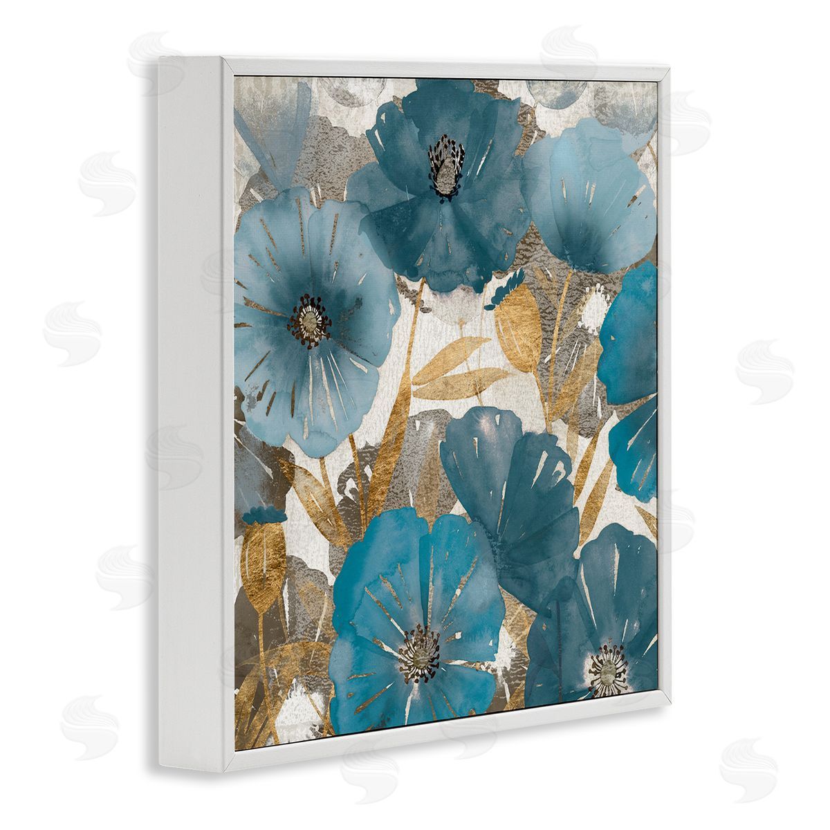 Elegant Blue Florals Abstract White Frame Print Wall Art, Home Decor by Studio W