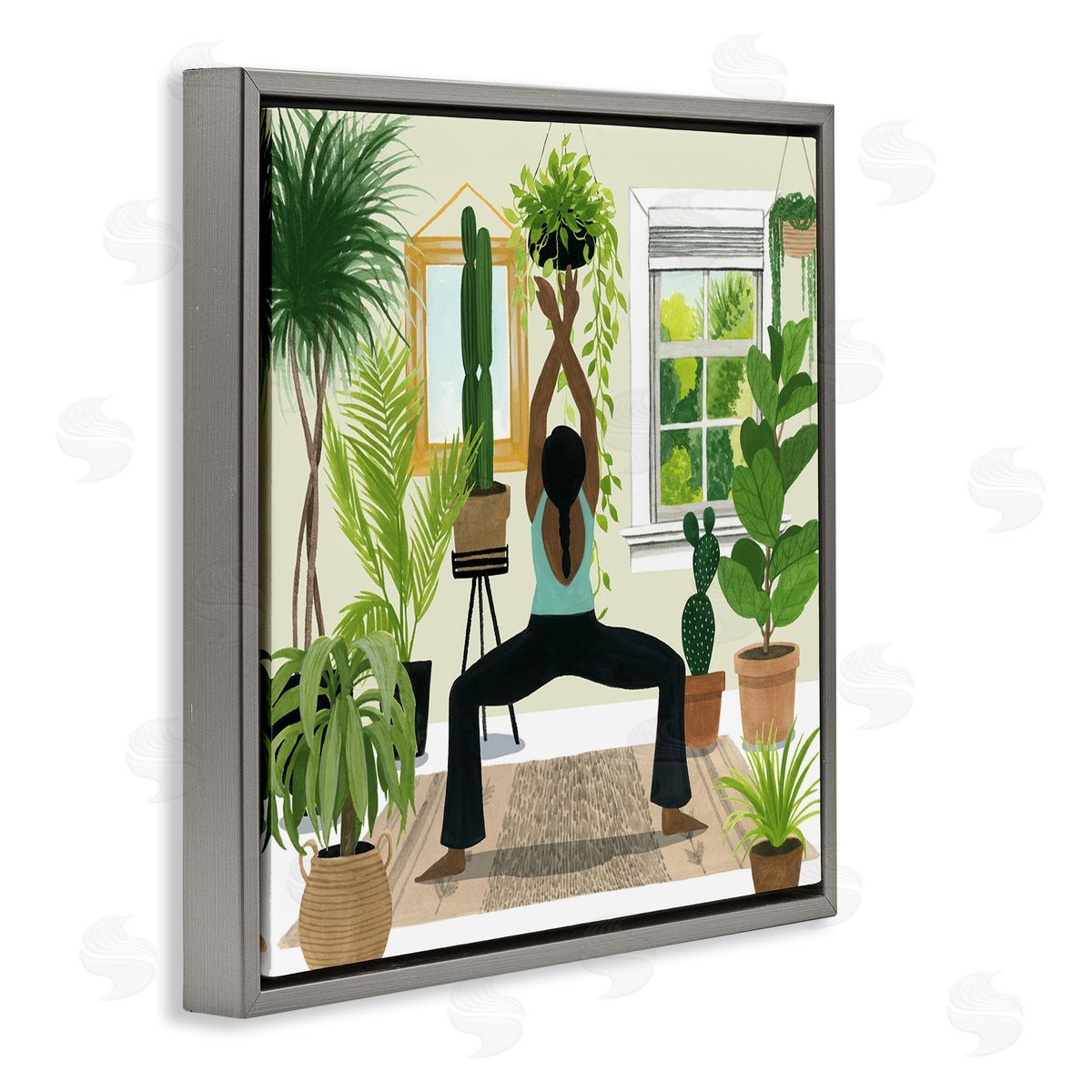 Grace Popp Female Yoga Cactus Plant Interior Gray Floater Frame Canvas Art