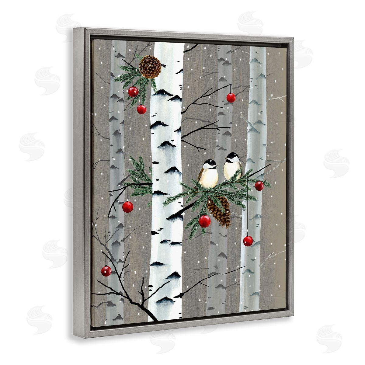 Birds & Ornaments Birch Tree Forest Grey Floating Frame Canvas Wall Art, Home Decor by Grace Popp