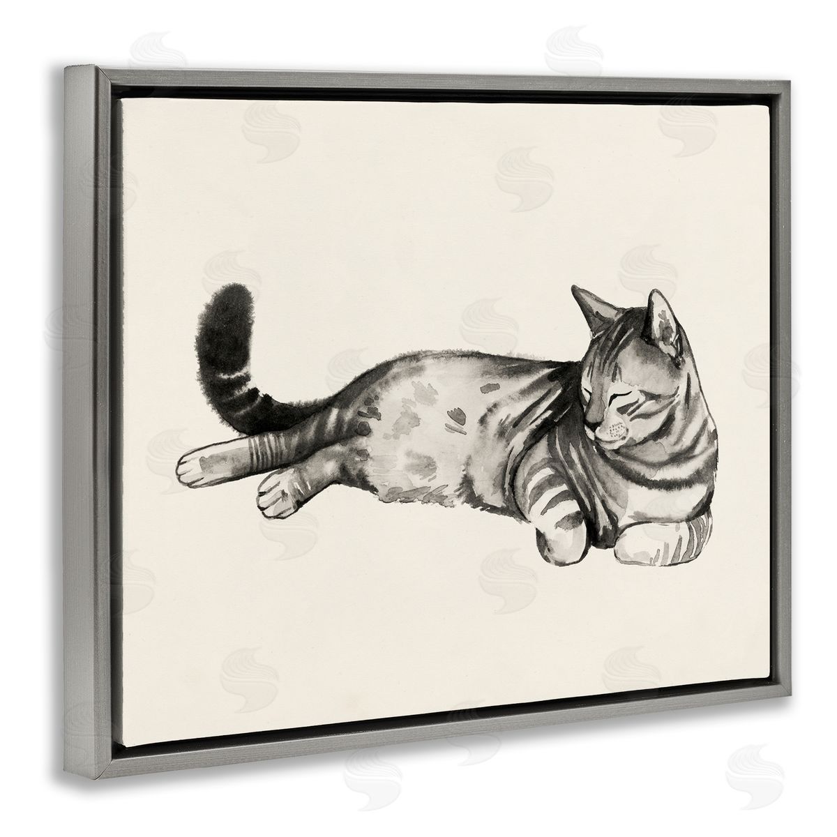 Grace Popp Sleeping Striped Cat Relaxed Pet Gray Floater Frame Canvas Art