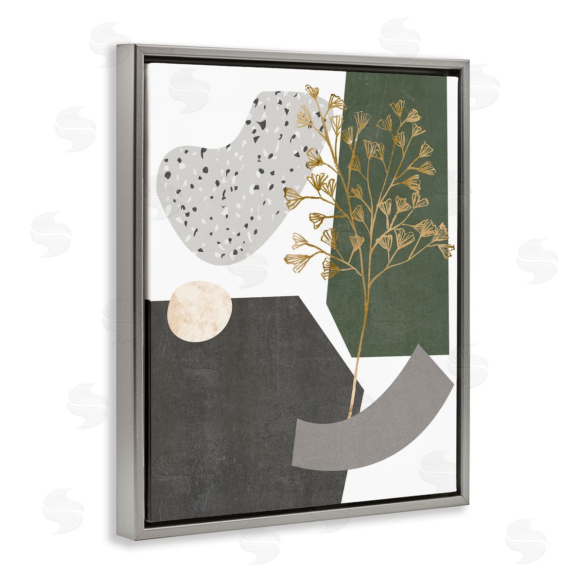 Melissa Wang Abstract Shapes with Golden Detail Gray Floater Frame Canvas Art