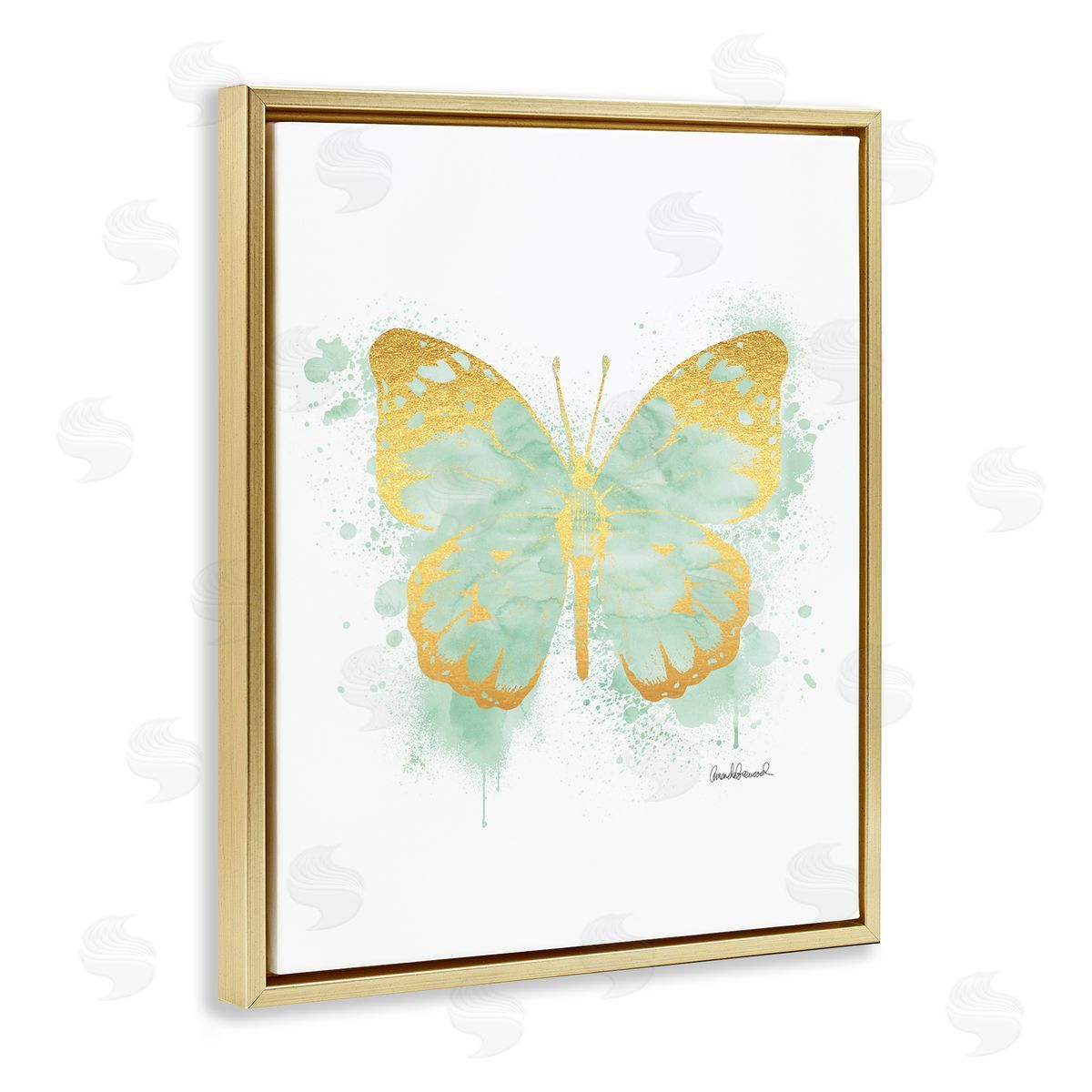 Amanda Greenwood Seafoam Green Butterfly Paint Splatter Gold Floater Frame Canvas Art