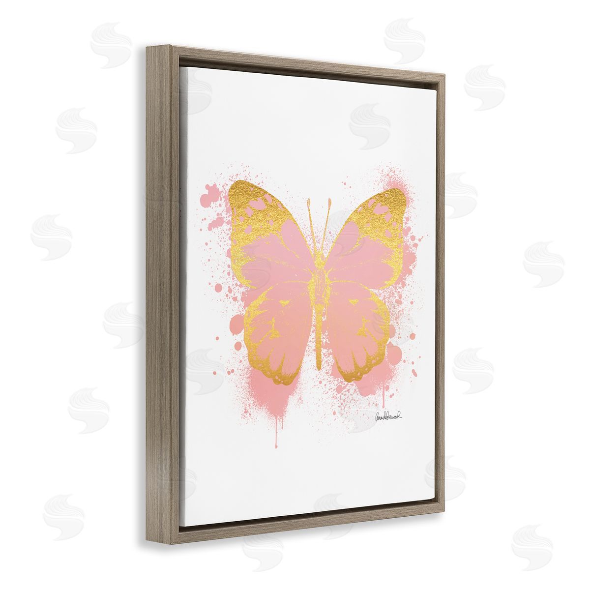 Amanda Greenwood Glam Pink Gold Butterfly Paint Splatter Brown Floater Frame Canvas Art