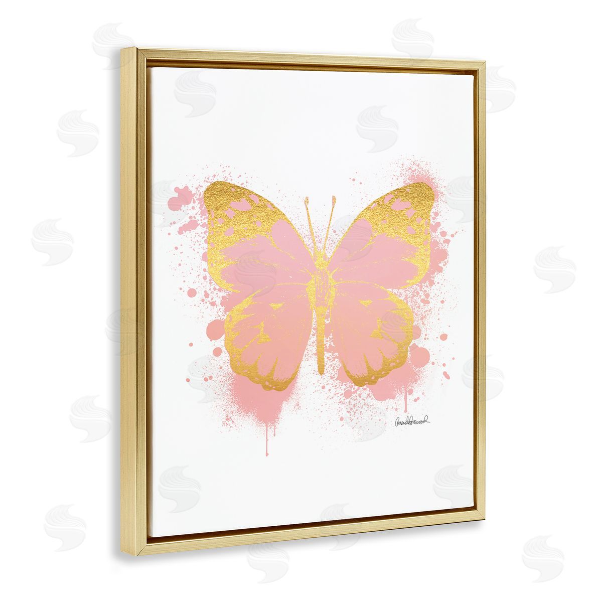 Amanda Greenwood Glam Pink Gold Butterfly Paint Splatter Gold Floater Frame Canvas Art