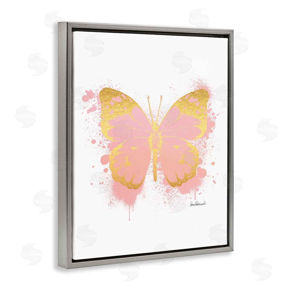 Amanda Greenwood Glam Pink Gold Butterfly Paint Splatter Gray Floater Frame Canvas Art